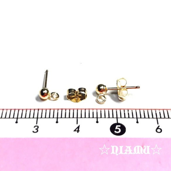 【14kgf ピアスポスト】丸玉3ｍｍ キャッチ付き　ゴールド　1ペア　ハンドメイド素材 2枚目の画像