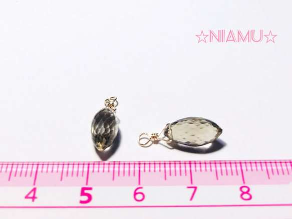 【天然石チャーム】14kgfスモーキークォーツAAA　マーキスライス形　２個　ハンドメイド素材 3枚目の画像