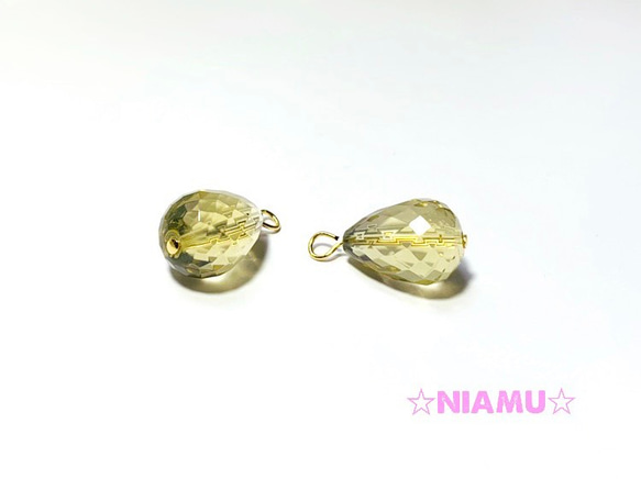 【天然石チャーム】大粒レモンクォーツAAA　２個　ピアス　ハンドメイド素材 1枚目の画像