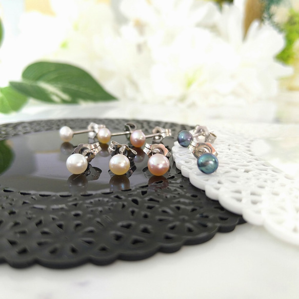 4mm～4.5ｍｍ　淡水パール　シルバー925　ペア1組 　天然石スタッドピアス【カラー選択】 ～冠婚葬祭や普段使いに 4枚目の画像