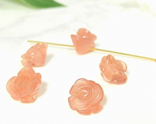 エンドウ　インドネシア製　木製　薔薇　ローズ　35本セット 天然石 インカローズ（ロードクロサイト） 薔薇型彫刻（バラ彫刻