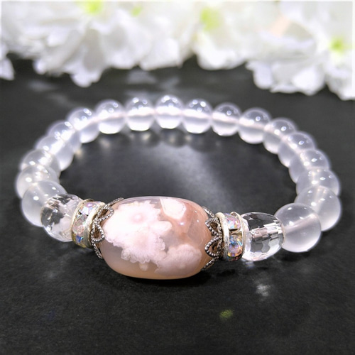 天然石 ピンク系 桜瑪瑙 ブレスレット 可愛い桜の花びら！☆人気のレアストーン☆桜模様の内包物☆天然石