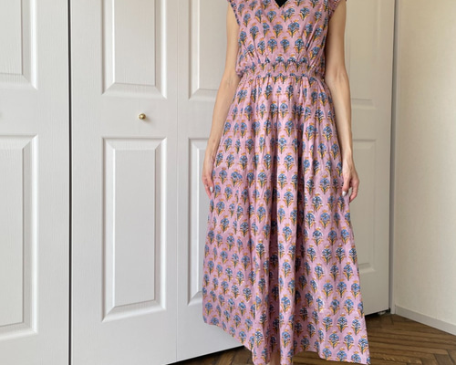 ブロックプリント Front Cross Dress • • • Violet ワンピース ek