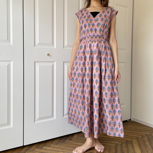 ブロックプリント Front Cross Dress • • • Violet ワンピース ek