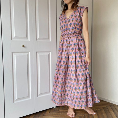 ブロックプリント Front Cross Dress • • • Violet ワンピース ek