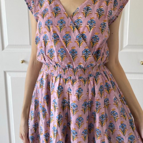 ブロックプリント Front Cross Dress • • • Violet ワンピース ek