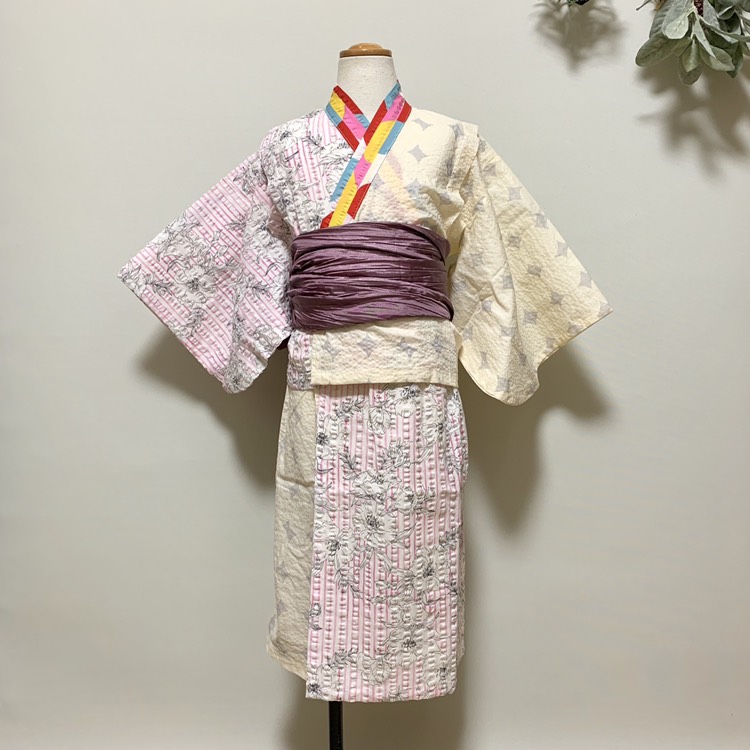 キッズ  浴衣 セパレート  "フラワー ストライプ"  100サイズ 子供 ゆかた        Ω