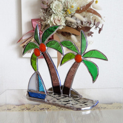 ステンドグラス　ヤシの木とヨット　南の島 3枚目の画像