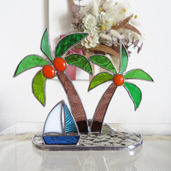 ステンドグラス　ヤシの木とヨット　南の島 5枚目の画像