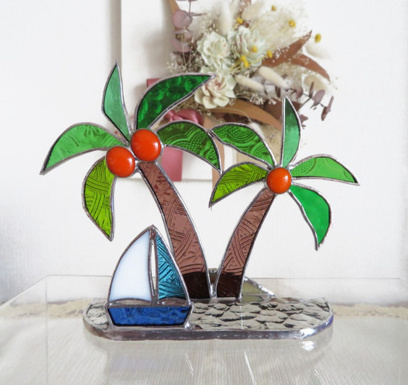ステンドグラス　ヤシの木とヨット　南の島 5枚目の画像