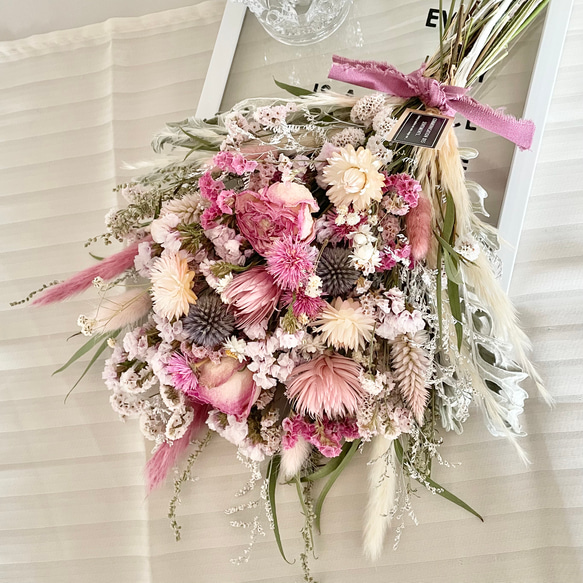 ドライフラワーリーススワッグリースブーケナチュラルかわいいピンク