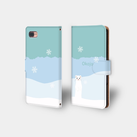 【ちょ待てよ オコジョ】 雪山  手帳型スマホケース　iphone android ほぼ全機種対応 1枚目の画像