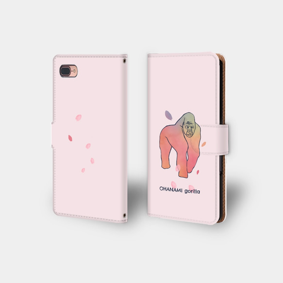 【お花見ゴリラ】ピンク　手帳型スマホケース　iphone android ほぼ全機種対応 1枚目の画像