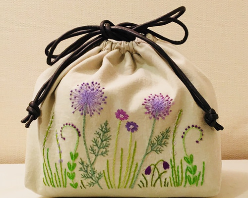 pjc刺繍生地   花園小花   ハンドメイド  あおり巾着バッグ 刺繍 巾着 トート バック ＜生成り＞ 巾着バッグ acochan 通販