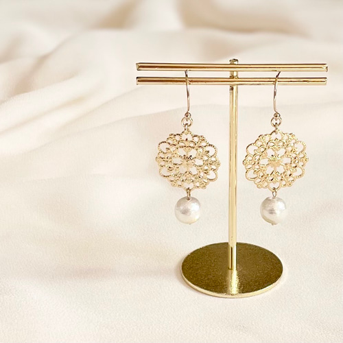 本物ハンドメイド・手芸 - 328 チェーン コットンパール ピアス