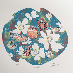 イバラとすずめ -シルクスクリーン 5色刷- Wild rose and sparrows Silkscreen 2枚目の画像