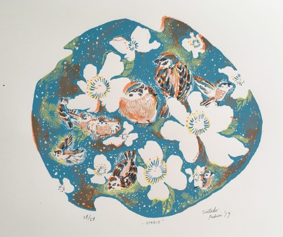 イバラとすずめ -シルクスクリーン 5色刷- Wild rose and sparrows Silkscreen 3枚目の画像