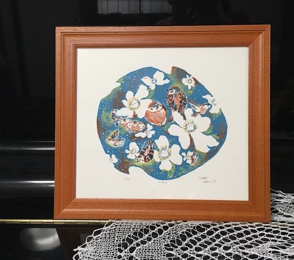 イバラとすずめ -シルクスクリーン 5色刷- Wild rose and sparrows Silkscreen 7枚目の画像