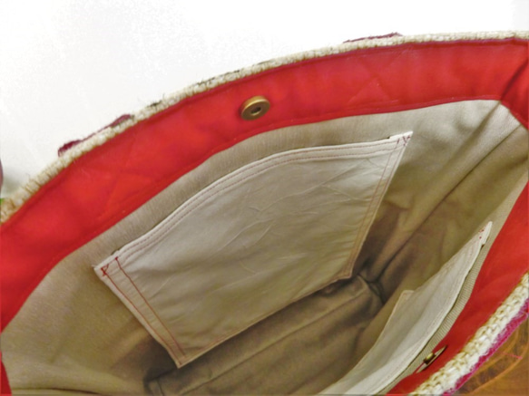 コーヒー 麻袋バッグ　Ｌ　トートバッグ　赤色帆布　ガテマラ　豆袋をリメイクした麻バッグ 7枚目の画像