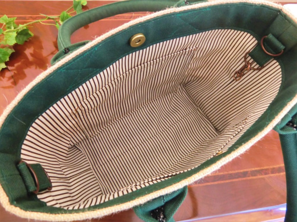 コーヒー 麻袋バッグ　ＳＷ　トートバッグ　東ティモール　ダークグリーン帆布 　豆袋をリメイクした麻バッグ 8枚目の画像