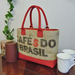 コーヒー 麻袋バッグ　Ｓ　トートバッグ 朱赤帆布 ブラジル　豆袋をリメイクした麻バッグ 2枚目の画像