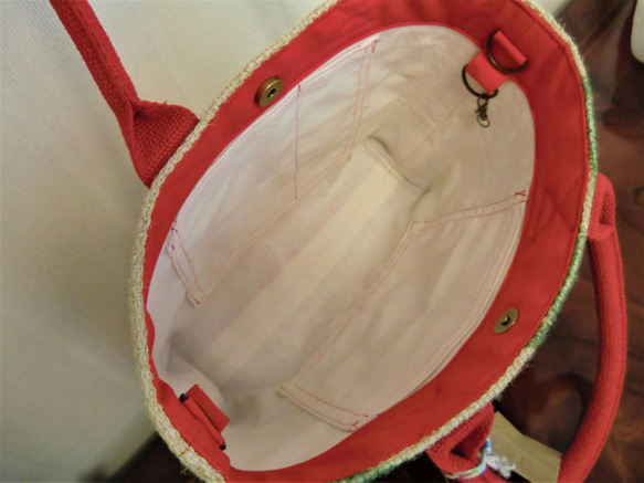 コーヒー 麻袋バッグ　Ｓ　トートバッグ 朱赤帆布 ブラジル　豆袋をリメイクした麻バッグ 7枚目の画像