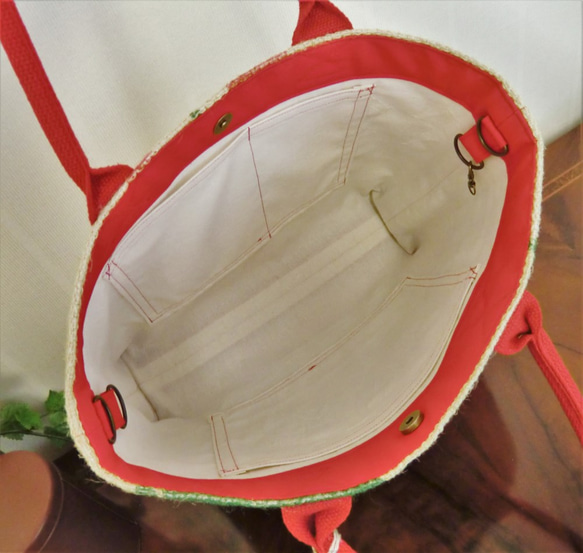 コーヒー 麻袋バッグ　Ｍ　トートバッグ 朱赤帆布　ブラジル　豆袋をリメイクした麻バッグ 7枚目の画像