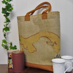 コーヒー 麻袋バッグ　Ｌ　トートバッグ　キャメル色帆布　パナマ　豆袋をリメイクした麻バッグ 2枚目の画像