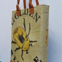コーヒー 麻袋バッグ　Ｌ　トートバッグ　キャメル色帆布　パナマ　豆袋をリメイクした麻バッグ 5枚目の画像
