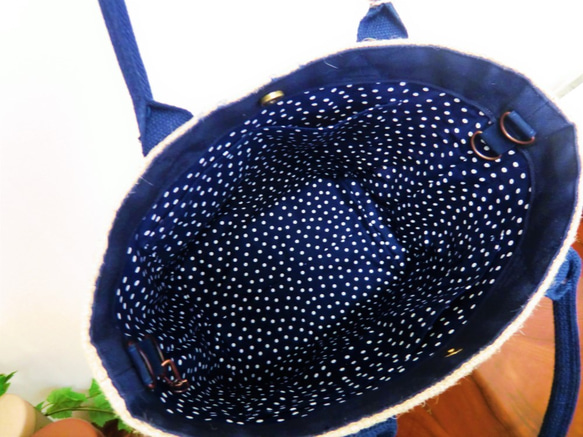 コーヒー 麻袋バッグ　ＭＷ　トートバッグ 　ブラジル　紺色帆布 　豆袋をリメイクした麻バッグ 6枚目の画像