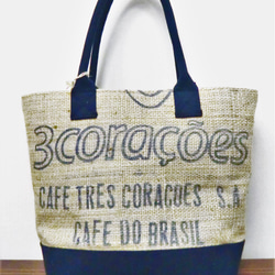 コーヒー 麻袋バッグ　ＭＷ　トートバッグ 　ブラジル　紺色帆布 　豆袋をリメイクした麻バッグ 3枚目の画像