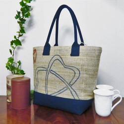 コーヒー 麻袋バッグ　ＭＷ　トートバッグ 　ブラジル　紺色帆布 　豆袋をリメイクした麻バッグ 2枚目の画像