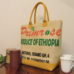 コーヒー 麻袋バッグ　ＬＬ　 大きめトートバッグ 　エチオピア　８号黄色帆布 　豆袋をリメイクした麻バッグ 1枚目の画像