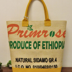 コーヒー 麻袋バッグ　ＬＬ　 大きめトートバッグ 　エチオピア　８号黄色帆布 　豆袋をリメイクした麻バッグ 2枚目の画像