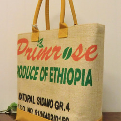 コーヒー 麻袋バッグ　ＬＬ　 大きめトートバッグ 　エチオピア　８号黄色帆布 　豆袋をリメイクした麻バッグ 4枚目の画像