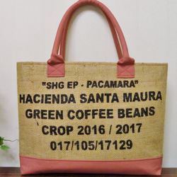 コーヒー 麻袋バッグ　M　トートバッグ　ピンク色帆布　ニカラグア　豆袋をリメイクした麻バッグ 3枚目の画像