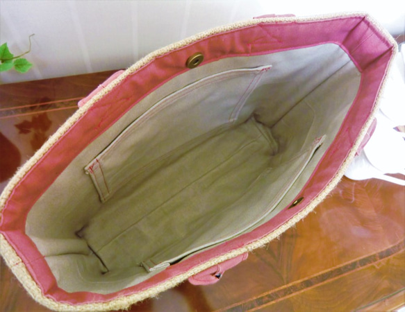 コーヒー 麻袋バッグ　M　トートバッグ　ピンク色帆布　ニカラグア　豆袋をリメイクした麻バッグ 6枚目の画像