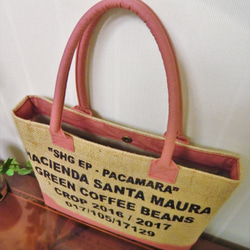 コーヒー 麻袋バッグ　M　トートバッグ　ピンク色帆布　ニカラグア　豆袋をリメイクした麻バッグ 8枚目の画像