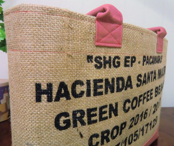 コーヒー 麻袋バッグ　M　トートバッグ　ピンク色帆布　ニカラグア　豆袋をリメイクした麻バッグ 10枚目の画像