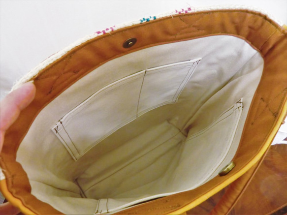 コーヒー 麻袋バッグ　Ｌ　トートバッグ　キャメル色帆布(裏パラフィンオレンジ)　コロンビア　豆袋をリメイクした麻バッグ 7枚目の画像