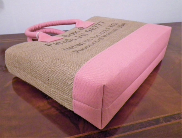 コーヒー 麻袋バッグ　Ｓ　トートバッグ　ピンク　帆布　ハワイ　豆袋をリメイクした麻バッグ 5枚目の画像