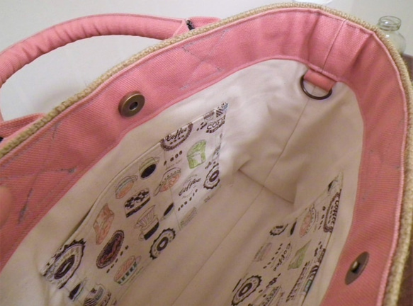 コーヒー 麻袋バッグ　Ｓ　トートバッグ　ピンク　帆布　ハワイ　豆袋をリメイクした麻バッグ 6枚目の画像