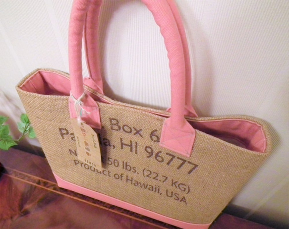 コーヒー 麻袋バッグ　Ｓ　トートバッグ　ピンク　帆布　ハワイ　豆袋をリメイクした麻バッグ 9枚目の画像