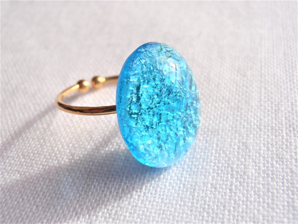 スパークリングアクアマリンチェコヴィンテージカボションのフリーサイズsv925リング　R169