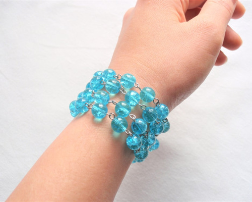 アクアターコイズのヴィンテージクラックルラウンド硝子ビーズ4連