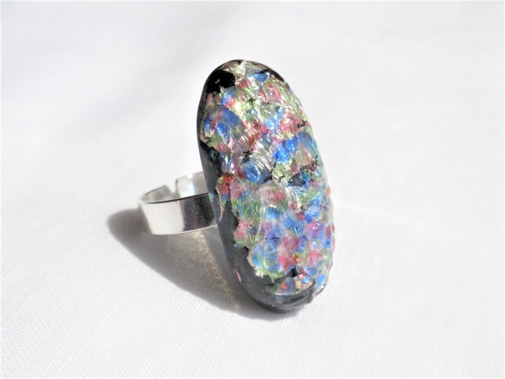 パレリガラスとフォイルキャブストーンのsv925フリーサイズリング　R127