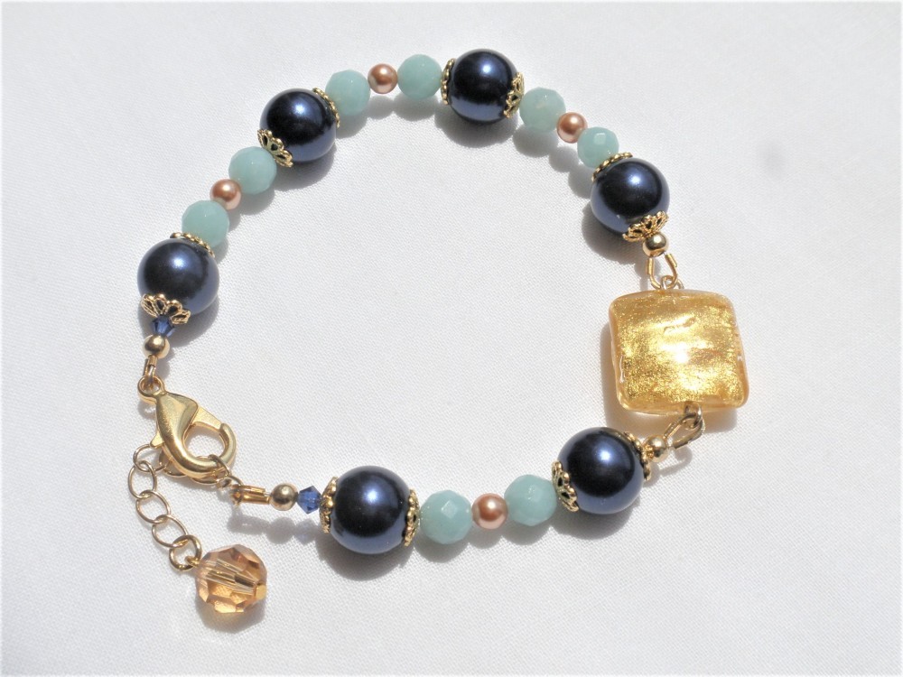 ベネチアングラスビーズとスワロフスキーパール・天然石ブレスレット BN128C