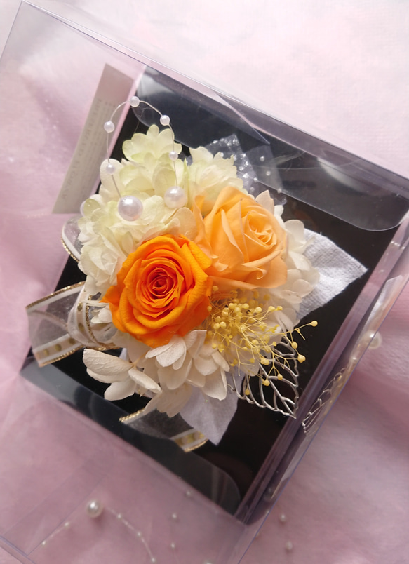 プリザーブドフラワー☆おしゃれコサージュ・髪飾り/☆(オレンジ系) 卒