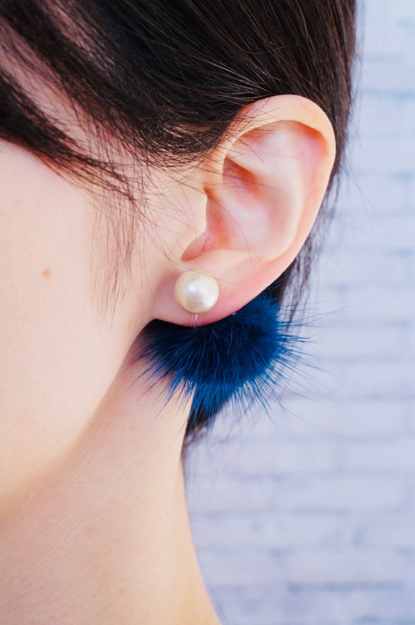 コットンパール×ミンクファーピアス/イヤリング ネイビー、ブラウン 