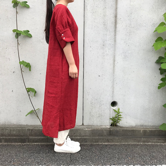 リネン / ロングカフス半袖ワンピース / 赤 （全3色